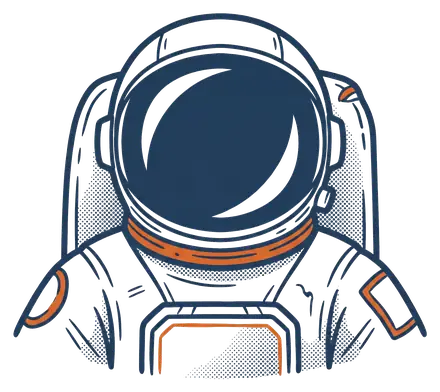 Engraving-style line drawing of an astronaut with a closed reflective visor